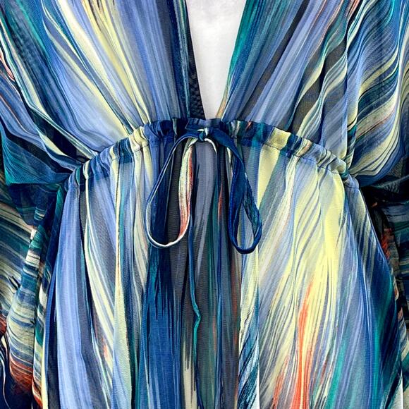 Blue Multicolor Sheer Mesh Cinched Waist V-Neck Oversize Cover-Up Plus 1X/2X NWT - Picture 6 of 15